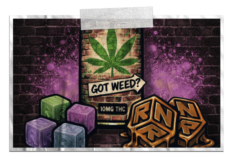 RNR-branded cannabis edibles with 10mg THC gummy packaging and colorful edible cubes